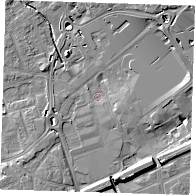Shaded relief map of the ground around RM11AR, computed from Environment Agency LiDAR. The ground here sits at about 14 m above sea level and falls 15 m across the surrounding 800 m. Surface water reaching this point runs off ground lying to the north-east, 12.2 m higher.
