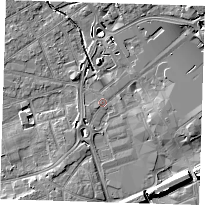 Shaded relief map of the ground around RM11AS, computed from Environment Agency LiDAR. The ground here sits at about 14 m above sea level and falls 15 m across the surrounding 800 m. Surface water reaching this point runs off ground lying to the south-west, 5.0 m higher.