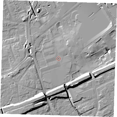 Shaded relief map of the ground around RM11AU, computed from Environment Agency LiDAR. The ground here sits at about 14 m above sea level and falls 16 m across the surrounding 800 m. Surface water reaching this point runs off ground lying to the north-east, 2.2 m higher.