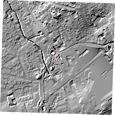 Shaded relief map of the ground around RM11BA, computed from Environment Agency LiDAR. The ground here sits at about 15 m above sea level and falls 17 m across the surrounding 800 m. Surface water reaching this point runs off ground lying to the north, 16.4 m higher.