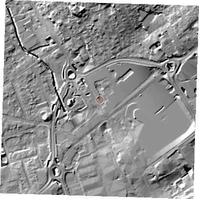 Shaded relief map of the ground around RM11BH, computed from Environment Agency LiDAR. The ground here sits at about 15 m above sea level and falls 17 m across the surrounding 800 m. Surface water reaching this point runs off ground lying to the east-north-east, 5.9 m higher.