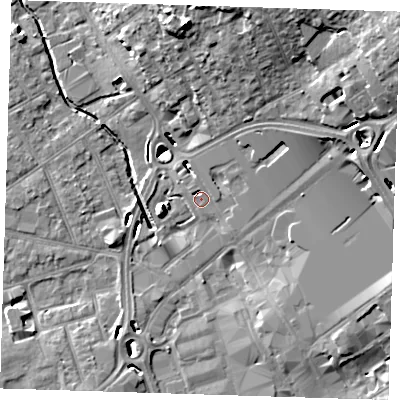 Shaded relief map of the ground around RM11BJ, computed from Environment Agency LiDAR. The ground here sits at about 15 m above sea level and falls 17 m across the surrounding 800 m. Surface water reaching this point runs off ground lying to the north-east, 3.8 m higher.