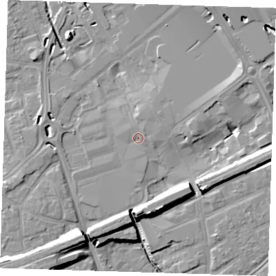 Shaded relief map of the ground around RM11BQ, computed from Environment Agency LiDAR. The ground here sits at about 16 m above sea level and falls 16 m across the surrounding 800 m. Surface water reaching this point runs off ground lying to the north-north-east, 1.1 m higher.