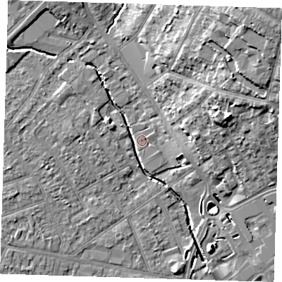 Shaded relief map of the ground around RM11DF, computed from Environment Agency LiDAR. The ground here sits at about 15 m above sea level and falls 21 m across the surrounding 800 m. Surface water reaching this point runs off ground lying to the north-east, 19.3 m higher.