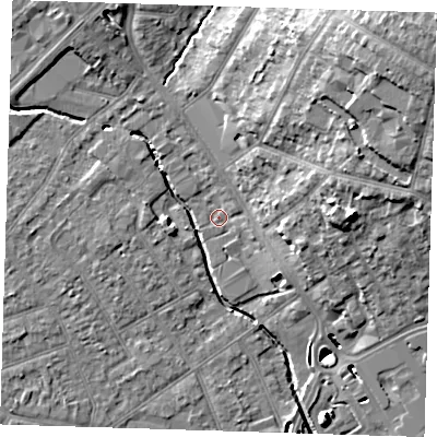Shaded relief map of the ground around RM11DG, computed from Environment Agency LiDAR. The ground here sits at about 15 m above sea level and falls 22 m across the surrounding 800 m. Surface water reaching this point runs off ground lying to the north-east, 17.3 m higher.