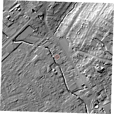 Shaded relief map of the ground around RM11DX, computed from Environment Agency LiDAR. The ground here sits at about 16 m above sea level and falls 20 m across the surrounding 800 m. Surface water reaching this point runs off ground lying to the north-north-west, 7.2 m higher.