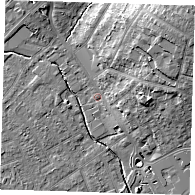 Shaded relief map of the ground around RM11ED, computed from Environment Agency LiDAR. The ground here sits at about 16 m above sea level and falls 22 m across the surrounding 800 m. Surface water reaching this point runs off ground lying to the north-east, 17.3 m higher.