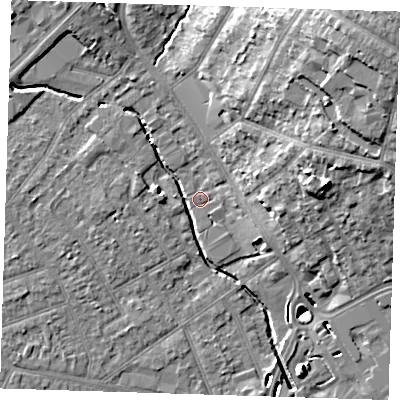 Shaded relief map of the ground around RM11EG, computed from Environment Agency LiDAR. The ground here sits at about 15 m above sea level and falls 21 m across the surrounding 800 m. Surface water reaching this point runs off ground lying to the north-east, 17.3 m higher.