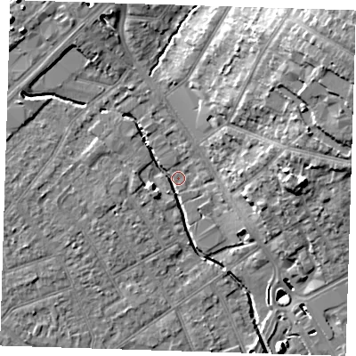 Shaded relief map of the ground around RM11EN, computed from Environment Agency LiDAR. The ground here sits at about 15 m above sea level and falls 21 m across the surrounding 800 m. Surface water reaching this point runs off ground lying to the north-north-west, 7.4 m higher.