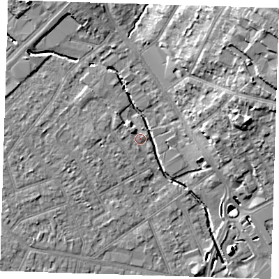 Shaded relief map of the ground around RM11EQ, computed from Environment Agency LiDAR. The ground here sits at about 16 m above sea level and falls 21 m across the surrounding 800 m. Surface water reaching this point runs off ground lying to the north-west, 2.0 m higher.