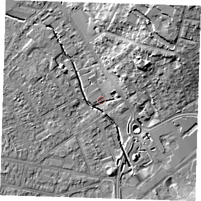 Shaded relief map of the ground around RM11ES, computed from Environment Agency LiDAR. The ground here sits at about 15 m above sea level and falls 20 m across the surrounding 800 m. Surface water reaching this point runs off ground lying to the north-east, 18.9 m higher.