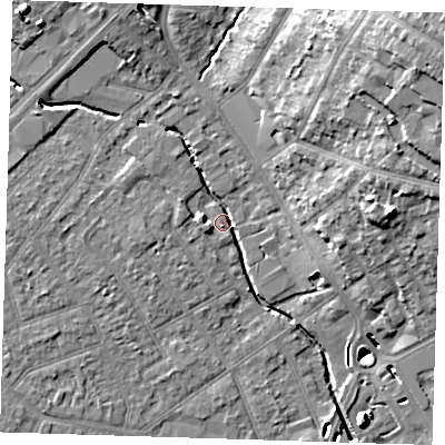 Shaded relief map of the ground around RM11EW, computed from Environment Agency LiDAR. The ground here sits at about 15 m above sea level and falls 21 m across the surrounding 800 m. Surface water reaching this point runs off ground lying to the north-north-west, 7.6 m higher.