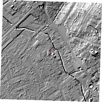 Shaded relief map of the ground around RM11EY, computed from Environment Agency LiDAR. The ground here sits at about 15 m above sea level and falls 20 m across the surrounding 800 m. Surface water reaching this point runs off ground lying to the south-south-east, 2.8 m higher.