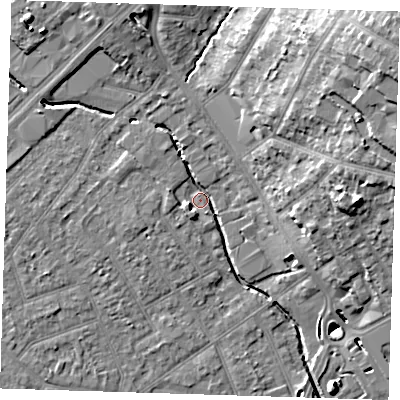 Shaded relief map of the ground around RM11EZ, computed from Environment Agency LiDAR. The ground here sits at about 15 m above sea level and falls 21 m across the surrounding 800 m. Surface water reaching this point runs off ground lying to the north-north-west, 7.3 m higher.