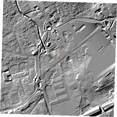 Shaded relief map of the ground around RM11HR, computed from Environment Agency LiDAR. The ground here sits at about 15 m above sea level and falls 15 m across the surrounding 800 m. Surface water reaching this point runs off ground lying to the south-south-east, 0.8 m higher.