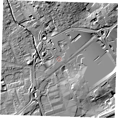 Shaded relief map of the ground around RM11HS, computed from Environment Agency LiDAR. The ground here sits at about 14 m above sea level and falls 17 m across the surrounding 800 m. Surface water reaching this point runs off ground lying to the north-east, 6.5 m higher.