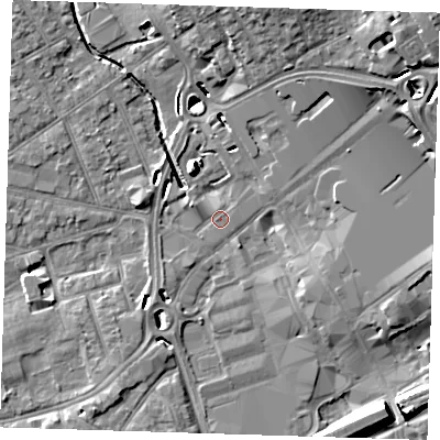 Shaded relief map of the ground around RM11JH, computed from Environment Agency LiDAR. The ground here sits at about 15 m above sea level and falls 15 m across the surrounding 800 m. Surface water reaching this point runs off ground lying to the north-north-west, 4.8 m higher.