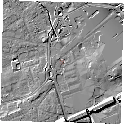 Shaded relief map of the ground around RM11JJ, computed from Environment Agency LiDAR. The ground here sits at about 14 m above sea level and falls 15 m across the surrounding 800 m. Surface water reaching this point runs off ground lying to the south-west, 5.0 m higher.