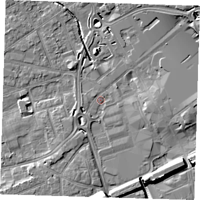 Shaded relief map of the ground around RM11JL, computed from Environment Agency LiDAR. The ground here sits at about 14 m above sea level and falls 15 m across the surrounding 800 m. Surface water reaching this point runs off ground lying to the south-west, 5.0 m higher.