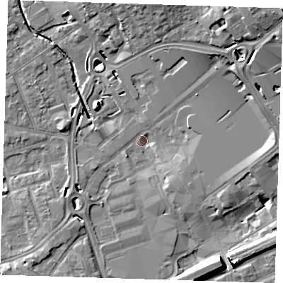 Shaded relief map of the ground around RM11JU, computed from Environment Agency LiDAR. The ground here sits at about 14 m above sea level and falls 16 m across the surrounding 800 m. Surface water reaching this point runs off ground lying to the north-east, 15.1 m higher.