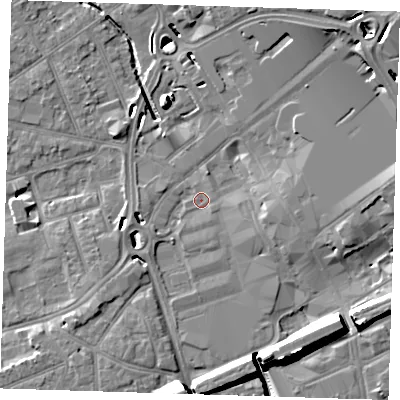 Shaded relief map of the ground around RM11LN, computed from Environment Agency LiDAR. The ground here sits at about 14 m above sea level and falls 15 m across the surrounding 800 m. Surface water reaching this point runs off ground lying to the north-east, 10.6 m higher.
