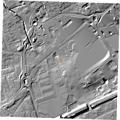 Shaded relief map of the ground around RM11NP, computed from Environment Agency LiDAR. The ground here sits at about 15 m above sea level and falls 16 m across the surrounding 800 m. Surface water reaching this point runs off ground lying to the north-east, 14.4 m higher.