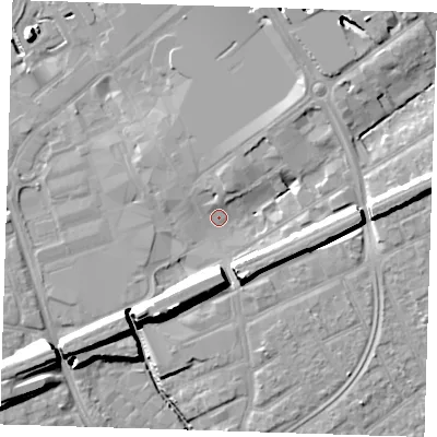 Shaded relief map of the ground around RM11NX, computed from Environment Agency LiDAR. The ground here sits at about 15 m above sea level and falls 16 m across the surrounding 800 m. Surface water reaching this point runs off ground lying to the east, 11.2 m higher.