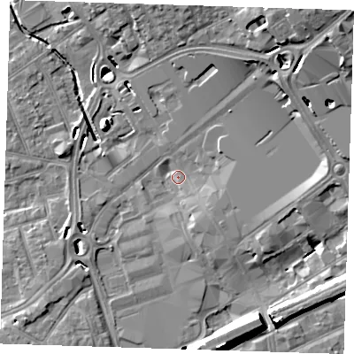 Shaded relief map of the ground around RM11RA, computed from Environment Agency LiDAR. The ground here sits at about 14 m above sea level and falls 15 m across the surrounding 800 m. Surface water reaching this point runs off ground lying to the north-east, 15.1 m higher.