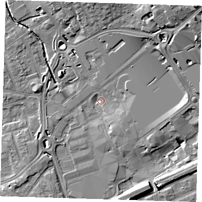Shaded relief map of the ground around RM11RD, computed from Environment Agency LiDAR. The ground here sits at about 14 m above sea level and falls 16 m across the surrounding 800 m. Surface water reaching this point runs off ground lying to the north-east, 16.1 m higher.