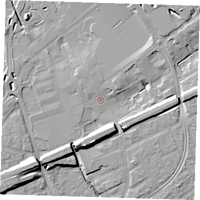 Shaded relief map of the ground around RM11RX, computed from Environment Agency LiDAR. The ground here sits at about 15 m above sea level and falls 16 m across the surrounding 800 m. Surface water reaching this point runs off ground lying to the north-north-east, 4.9 m higher.