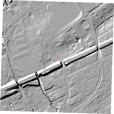 Shaded relief map of the ground around RM11SS, computed from Environment Agency LiDAR. The ground here sits at about 15 m above sea level and falls 16 m across the surrounding 800 m. Surface water reaching this point runs off ground lying to the east-north-east, 11.1 m higher.