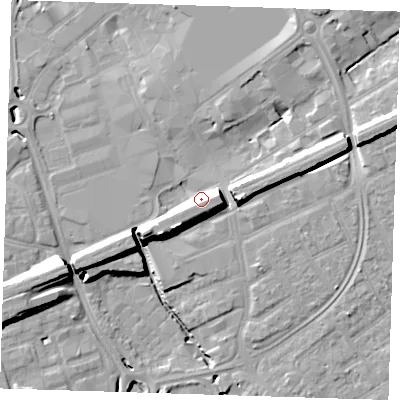Shaded relief map of the ground around RM11TU, computed from Environment Agency LiDAR. The ground here sits at about 19 m above sea level and falls 16 m across the surrounding 800 m. Surface water reaching this point runs off ground lying to the east, 12.1 m higher.