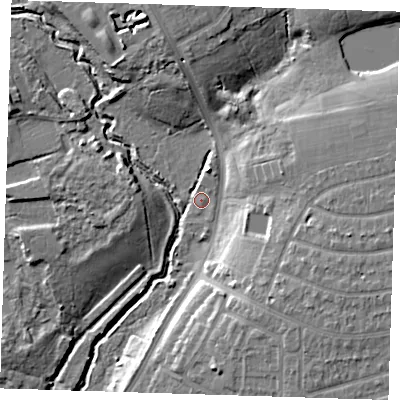 Shaded relief map of the ground around RM124EQ, computed from Environment Agency LiDAR. The ground here sits at about 5 m above sea level and falls 12 m across the surrounding 800 m. Surface water reaching this point runs off ground lying to the north-north-east, 0.8 m higher.