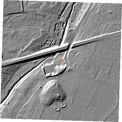 Shaded relief map of the ground around RM125BF, computed from Environment Agency LiDAR. The ground here sits at about 6 m above sea level and falls 16 m across the surrounding 800 m. Surface water reaching this point runs off ground lying to the south, 9.3 m higher.