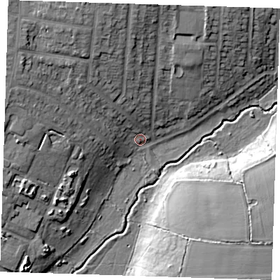 Shaded relief map of the ground around RM126DJ, computed from Environment Agency LiDAR. The ground here sits at about 7 m above sea level and falls 18 m across the surrounding 800 m. Surface water reaching this point runs off ground lying to the north-north-west, 16.3 m higher.