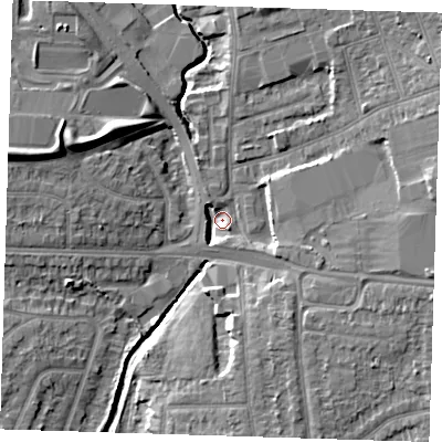 Shaded relief map of the ground around RM12BP, computed from Environment Agency LiDAR. The ground here sits at about 8 m above sea level and falls 12 m across the surrounding 800 m. Surface water reaching this point runs off ground lying to the east, 9.0 m higher.