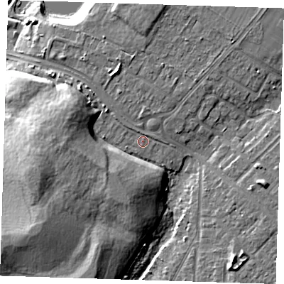 Shaded relief map of the ground around RM137SJ, computed from Environment Agency LiDAR. The ground here sits at about 6 m above sea level and falls 16 m across the surrounding 800 m. Surface water reaching this point runs off ground lying to the west, 8.1 m higher.