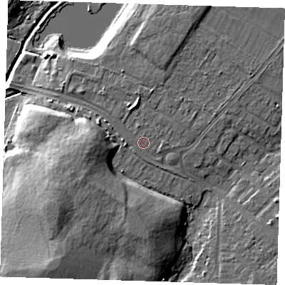 Shaded relief map of the ground around RM137TA, computed from Environment Agency LiDAR. The ground here sits at about 7 m above sea level and falls 16 m across the surrounding 800 m. Surface water reaching this point runs off ground lying to the north, 3.1 m higher.