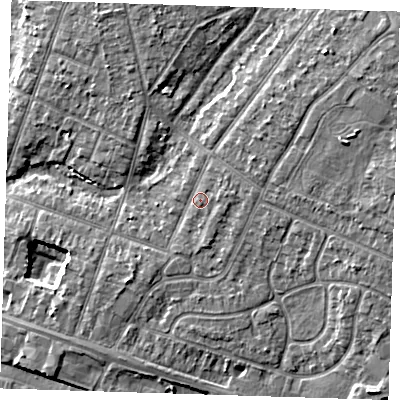 Shaded relief map of the ground around RM138AB, computed from Environment Agency LiDAR. The ground here sits at about 5 m above sea level and falls 8 m across the surrounding 800 m. Surface water reaching this point runs off ground lying to the east, 1.5 m higher.