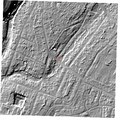 Shaded relief map of the ground around RM138AJ, computed from Environment Agency LiDAR. The ground here sits at about 4 m above sea level and falls 12 m across the surrounding 800 m. Surface water reaching this point runs off ground lying to the east-north-east, 4.2 m higher.
