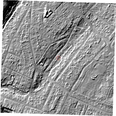 Shaded relief map of the ground around RM138AL, computed from Environment Agency LiDAR. The ground here sits at about 4 m above sea level and falls 10 m across the surrounding 800 m. Surface water reaching this point runs off ground lying to the east, 4.2 m higher.