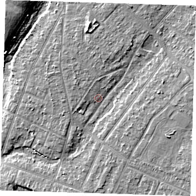 Shaded relief map of the ground around RM138AU, computed from Environment Agency LiDAR. The ground here sits at about 5 m above sea level and falls 10 m across the surrounding 800 m. Surface water reaching this point runs off ground lying to the north-north-west, 3.0 m higher.