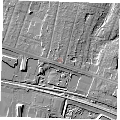 Shaded relief map of the ground around RM138BF, computed from Environment Agency LiDAR. The ground here sits at about 4 m above sea level and falls 9 m across the surrounding 800 m. Surface water reaching this point runs off ground lying to the west-north-west, 1.0 m higher.