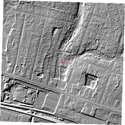 Shaded relief map of the ground around RM138BP, computed from Environment Agency LiDAR. The ground here sits at about 1 m above sea level and falls 7 m across the surrounding 800 m. Surface water reaching this point runs off ground lying to the west-south-west, 3.7 m higher.