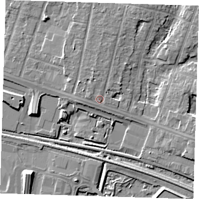 Shaded relief map of the ground around RM138BU, computed from Environment Agency LiDAR. The ground here sits at about 4 m above sea level and falls 9 m across the surrounding 800 m. Surface water reaching this point runs off ground lying to the west-north-west, 1.4 m higher.