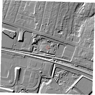 Shaded relief map of the ground around RM138DB, computed from Environment Agency LiDAR. The ground here sits at about 1 m above sea level and falls 10 m across the surrounding 800 m. Surface water reaching this point runs off ground lying to the east-north-east, 3.4 m higher.