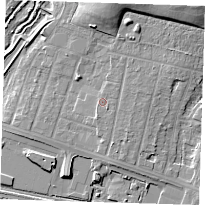 Shaded relief map of the ground around RM138DD, computed from Environment Agency LiDAR. The ground here sits at about 4 m above sea level and falls 14 m across the surrounding 800 m. Surface water reaching this point runs off ground lying to the south-south-west, 1.4 m higher.