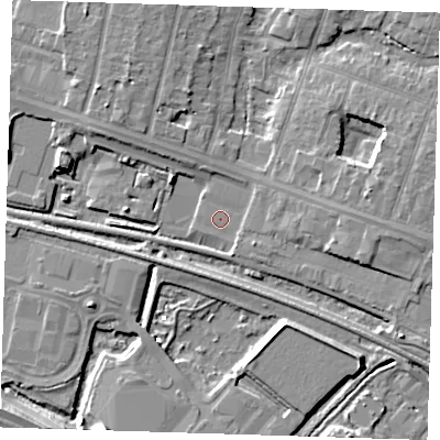 Shaded relief map of the ground around RM138DE, computed from Environment Agency LiDAR. The ground here sits at about 1 m above sea level and falls 10 m across the surrounding 800 m. Surface water reaching this point runs off ground lying to the east, 3.3 m higher.