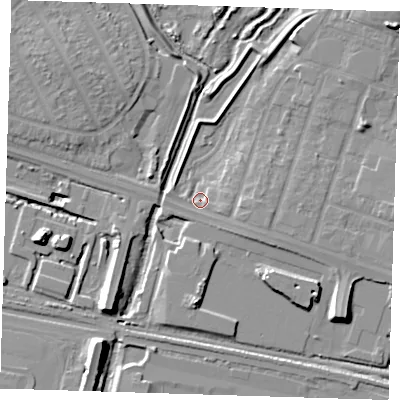 Shaded relief map of the ground around RM138DH, computed from Environment Agency LiDAR. The ground here sits at about 1 m above sea level and falls 12 m across the surrounding 800 m. Surface water reaching this point runs off ground lying to the north-east, 8.0 m higher.