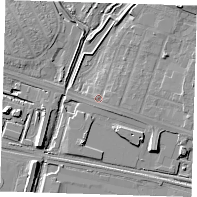 Shaded relief map of the ground around RM138DJ, computed from Environment Agency LiDAR. The ground here sits at about 3 m above sea level and falls 12 m across the surrounding 800 m. Surface water reaching this point runs off ground lying to the east-south-east, 1.5 m higher.